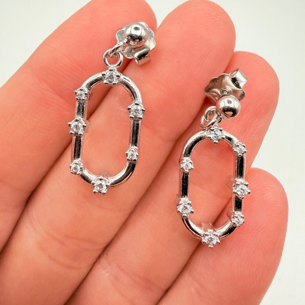 925 Sterling Silver CZ Oval Link Dangle Earrings Elongated Paperclip Style